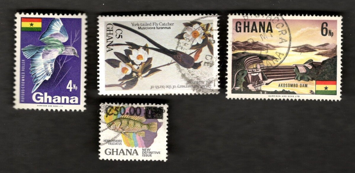 Ghana SC #1092 #980 #292 used stamps + #291 MNH Birds & Fish