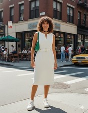 Tahari Arthur S Levine Texture White Shift Dress 10 White With Gold Buckle