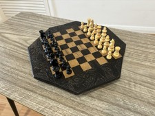 Vintage Wooden African Carved Octagonal Chess Board With Wooden Chess Set Pieces