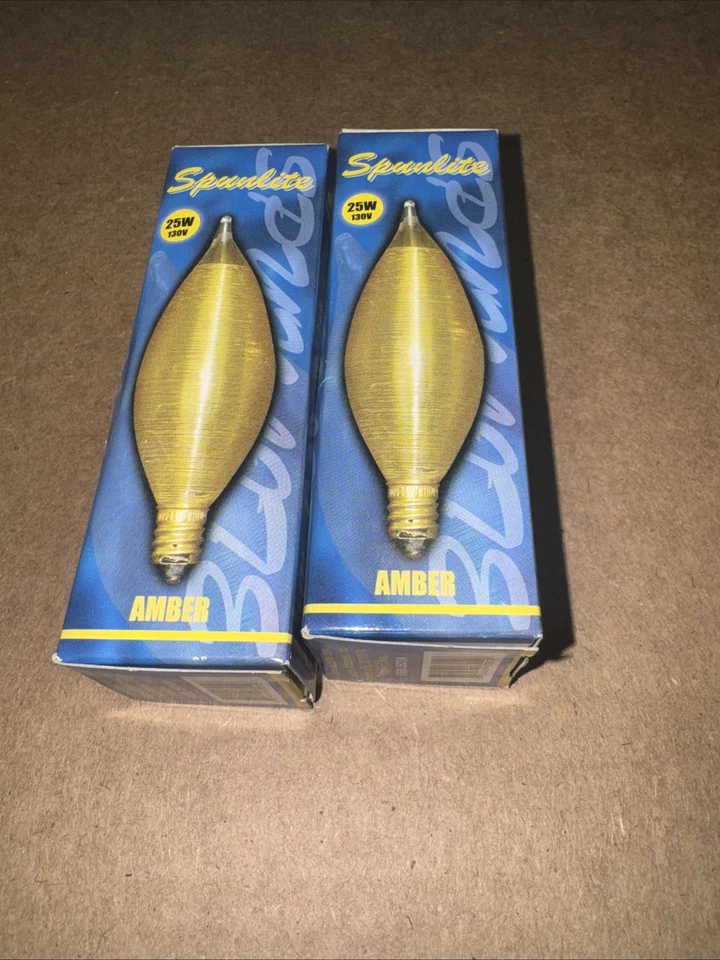 2X Bulbrite Spunlite 25W 130V Lightbulb  Color: Amber item no: 430125 Candelabra - Image 2 of 3