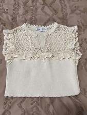 Zara Women  s Ivory Solid Knit Lace Ruffle V-Neck Sleeveless Tank Top S