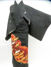 Japanese Vintage Kimono Tomesode Silk Gold Embroidery Crane 5 Crests eb-1557