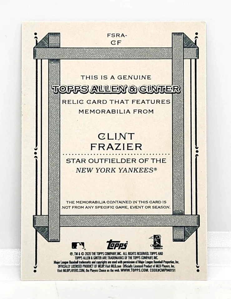 CLINT FRAZIER BAT RELIC ~ 2020 TOPPS ALLEN & GINTER'S #FSRA-CF  NEW YORK YANKEES - Image 2 of 2