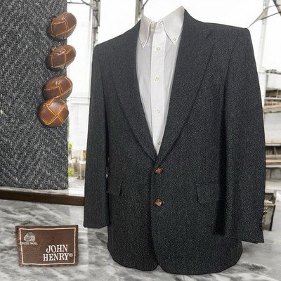 #ad John Henry Sport Coat Mens 42R Dark Gray Tweed Wool Leather Buttons $49.50