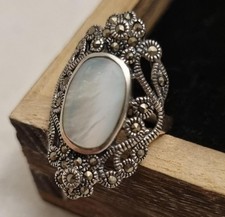 Sterling Silver Mother Of Pearl and Marcasite RingSize M 