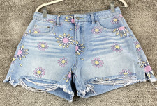 NOBO No Boundaries Cut-Off Denim Shorts Women's Jrs Size 9 Pink Daisies Print