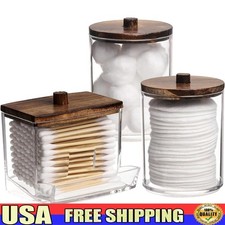 Plastic Cotton Holder Set W/ Wooden Lids Q-tip Dispenser Storage Jar New
