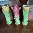 Vintage Shawnee Pottery USA Yellow Green Pink TULIP Flowers (3) bud vases Easter