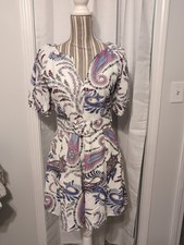 LOFT Paisley Floral Linen Blend Puff Sleeve Dress Women’s 0 Belted