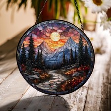 Mountain Sunset Stained Glass Suncatcher, Nature Landscape Window Decor, Scenic