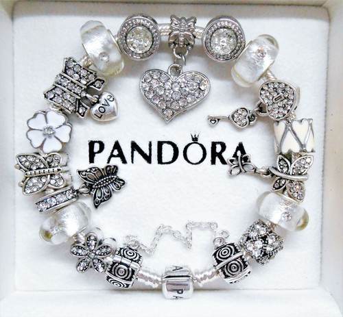 Pandora Silver Charm With WHITE LOVE HEART Beads