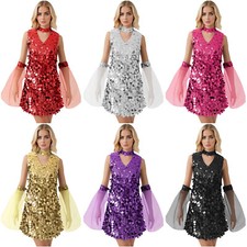 Cocktail Dresses Women Sequin Sparkly Mini Party Dancewear with Flare Sleeve