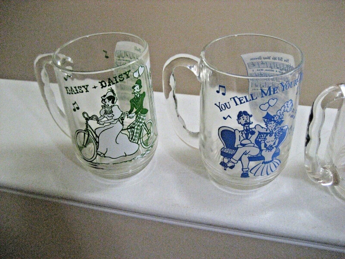 8 VINTAGE GLASS MUGS WITH OLD TIME SONGS ON WITH PICTURE ON FRONT
