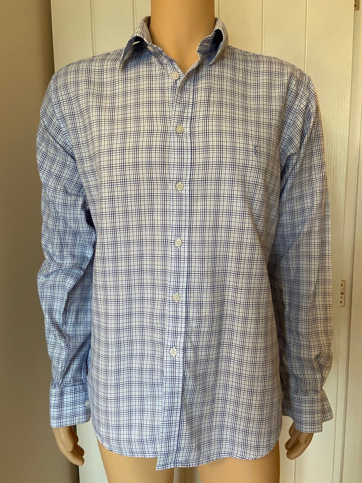 SAINT LAURENT (YSL) Camicia uomo Yves Saint Laurent blu quadri bianca grande L manica lunga 23" YSL