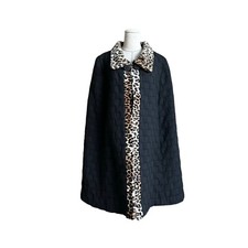 Vintage 60s Black Cape Poncho Coat Faux Fur Leopard Print Mod Hollywood Glam