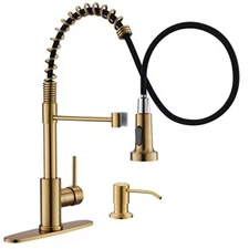  Brushed Gold Kitchen Faucet with Soap Dispenser, Commercial Single Handle 