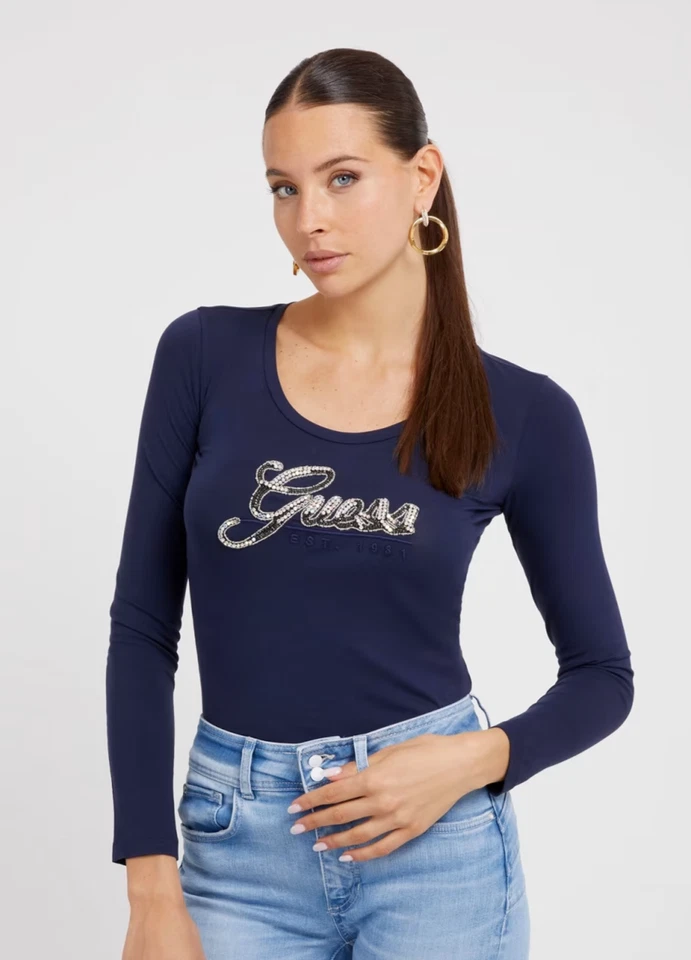 Guess ECO Damen Longsleeve Shirt langarm SCRIPT TEE W3YI37 NEU Gr. L - Bild 1 von 3