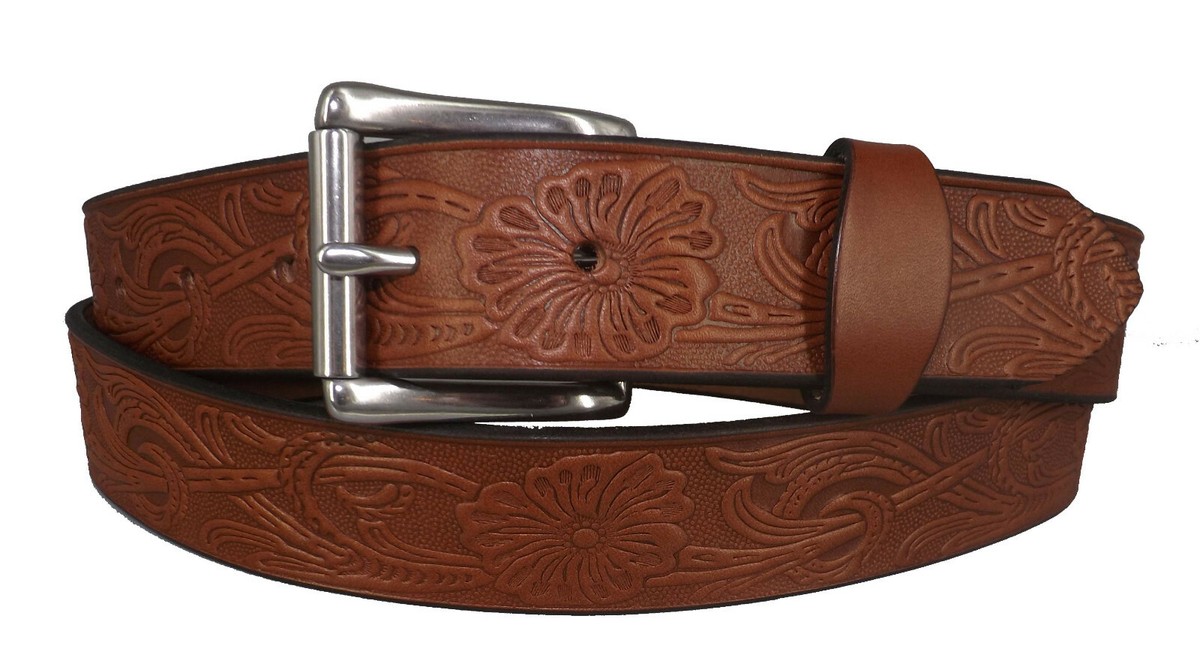 1½ in. EMBOSSED FLOWER BELT - Thick English Bridle Leather 