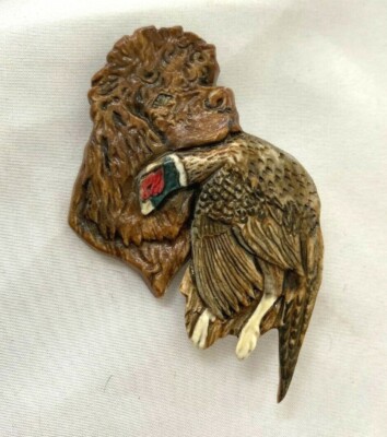 Irish Water Spaniel Head holding a bird Porcelain Brooch Pin by Gloria Ohrt 2015