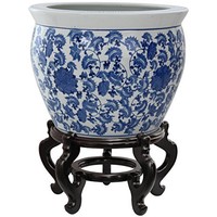 Oriental Furniture 16 Floral Blue & White Porcelain Fishbowl, New, Free Shippin Oriental Furniture 16 Floral Blue & White Porcelain Fishbowl, New, Free Shippin