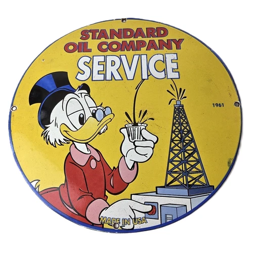 Vintage Standard Gasoline Sign - Gas Oil Pump Plate Porcelain Walt Disney Sign