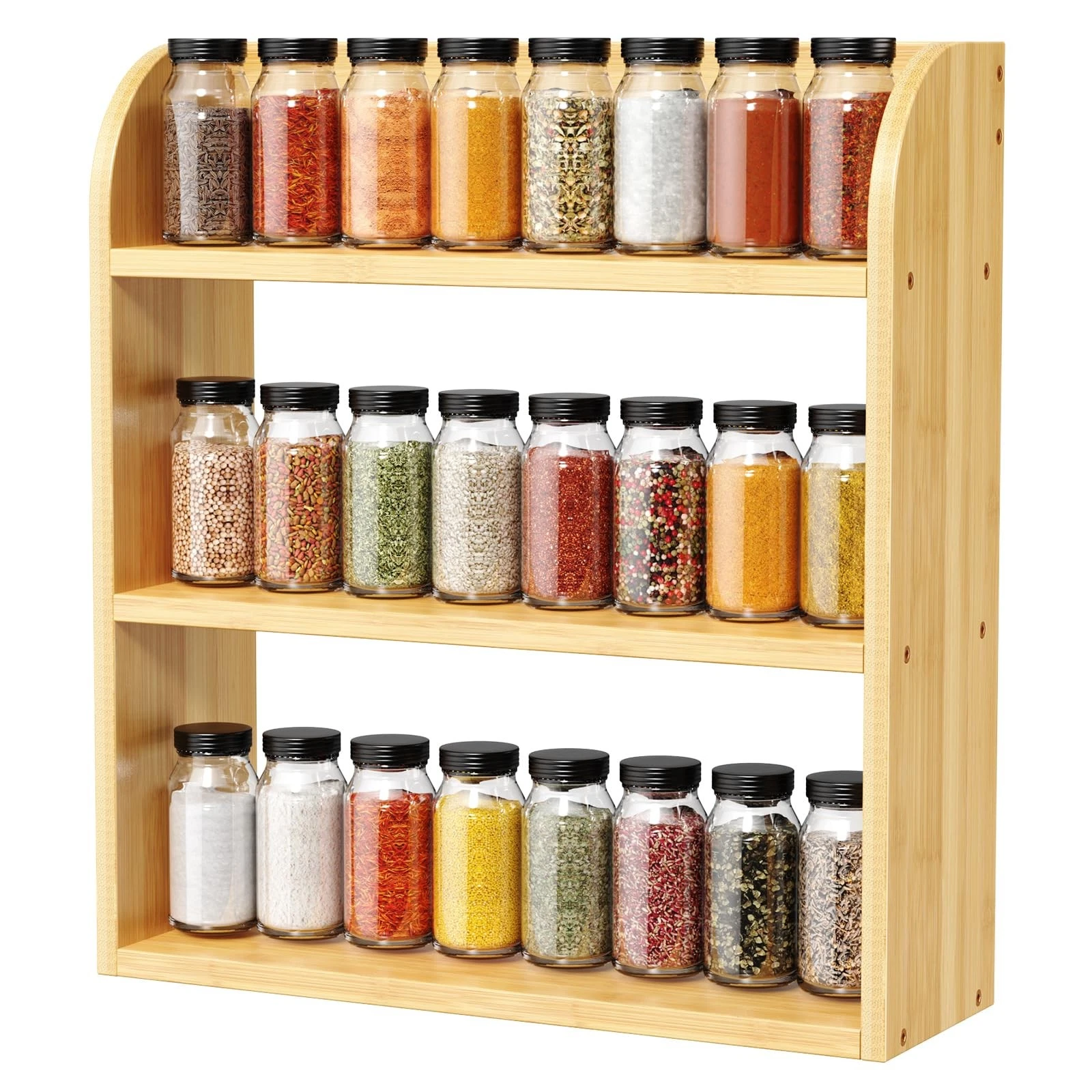 3 Tier Spice Rack, Countertop or Wall Mounting Wood Spice Jars Organizer Shel...