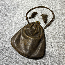 Antique Edwardian c1910 Leather Handbag Purse Brass Ring Clasp Tassels