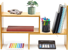 Natural Bamboo Desktop Organizer, Attractive Design, Stand Shelf for Books, Acce