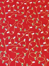 Santa Claus Lane Christmas Lights on Red Fabric by Riley Blake, BTHY Gold Accent