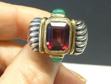 David Yurman Rhodolite Garnet & Emerald 14kt Gold Sterling Silver Cable Ring 7.5