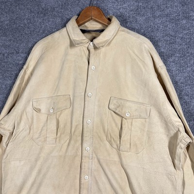 VINTAGE Polo Ralph Lauren Suede Leather Work Shirt XL Beige