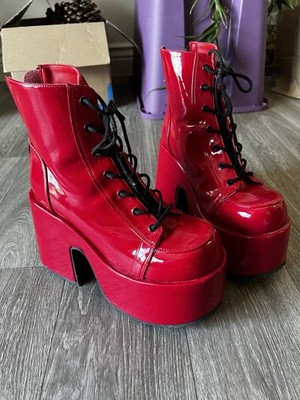Demonia CAMEL-203 Red Patent Platform Ankle Boots Lace-Up Zip Back Women 11