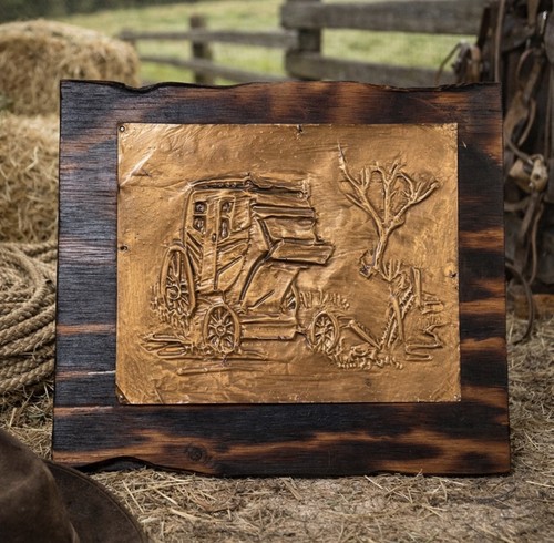Vintage Copper Hammered Wood Mounted Stagecoach Handcrafted Plaque 11 x 9