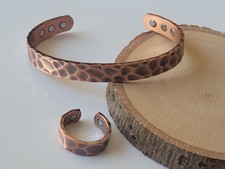 Hammered Solid Copper Magnetic Bracelet Ring Set Arthritis Therapy Cuff Ring