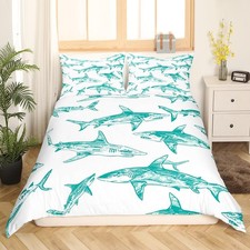 Shark Duvet Cover Full Ocean Life Bedding Set for Kids Boys Girls Teal Waterc...