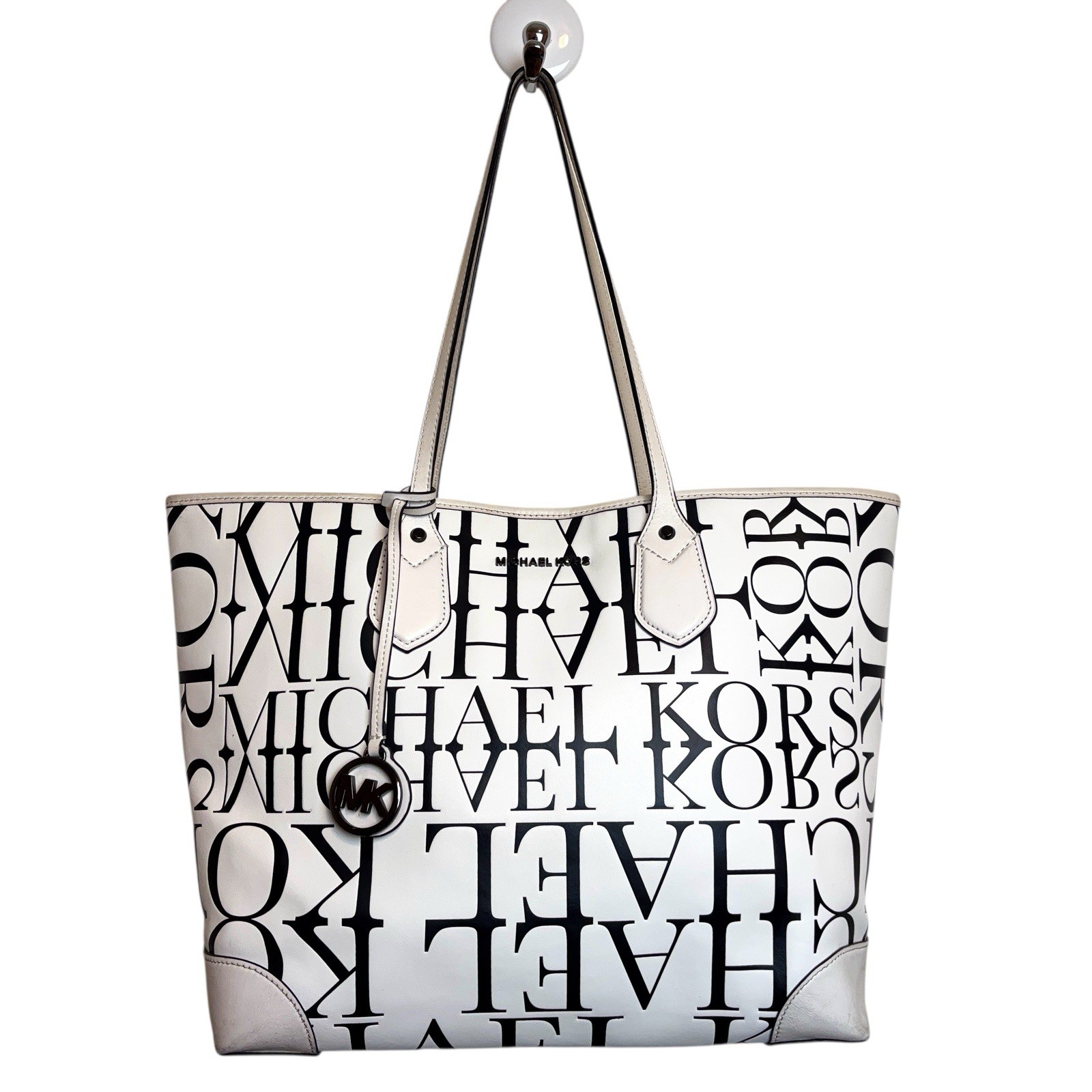 Michael Kors Large Eva Black Optic White Leather Tote Bag Purse Newsprint Logo