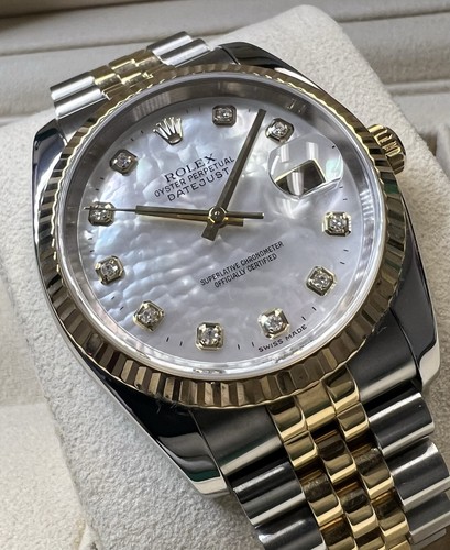 ROLEX DATEJUST 116233 18K YG/STL WHITE MOTHER OF PEARL DIAMOND DIAL W/BOX/PAPERS