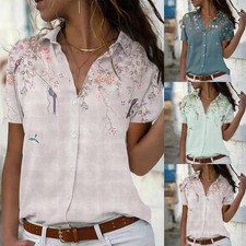 Ladies Summer Button Up Floral Shirt Casual Blouse Short Sleeve Tops Tee 6-24 UK