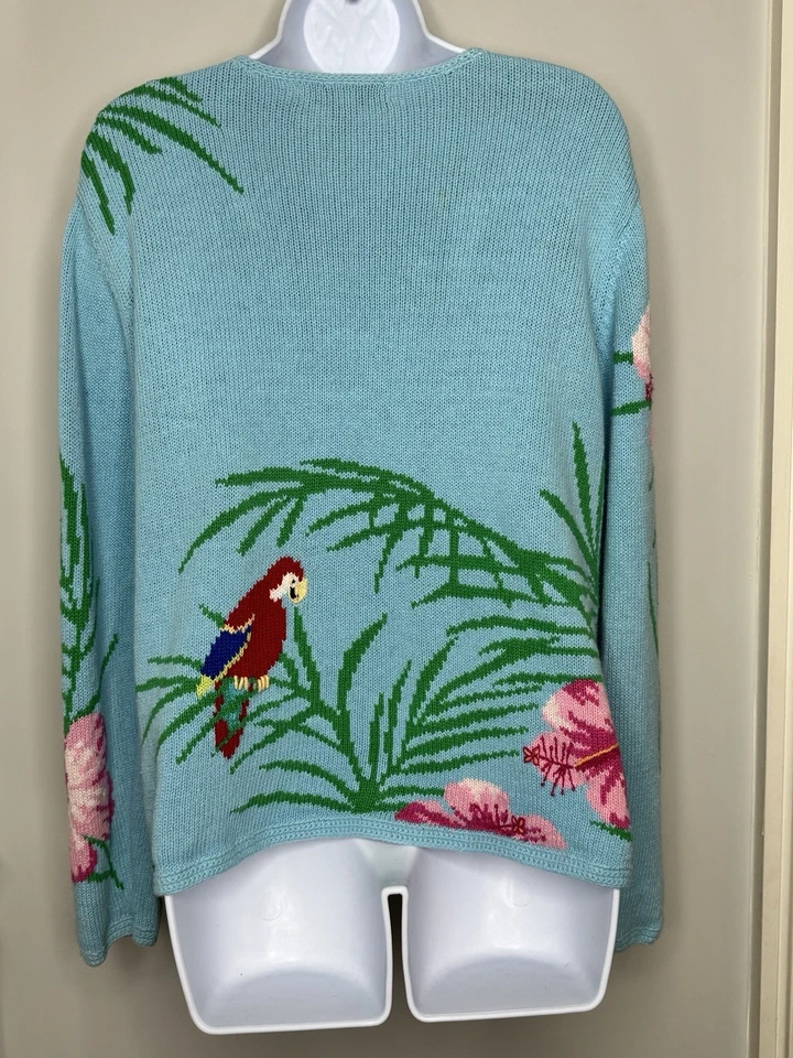 Vintage Tropical Toucan Sweater Womens L Blue Button Up Resort Florida Vacation - Image 4 of 4