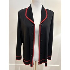 Misook Black Zip Cardigan Red Trim Classic Office Quiet Luxury Sophisticated L