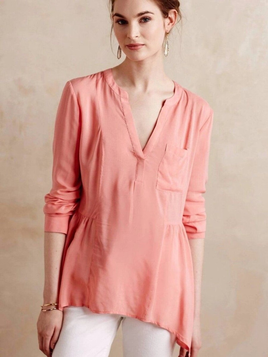 Anthropologie Maeve Laiken Henley Peach Rayon Blouse 100% Rayon Size 6 View 6