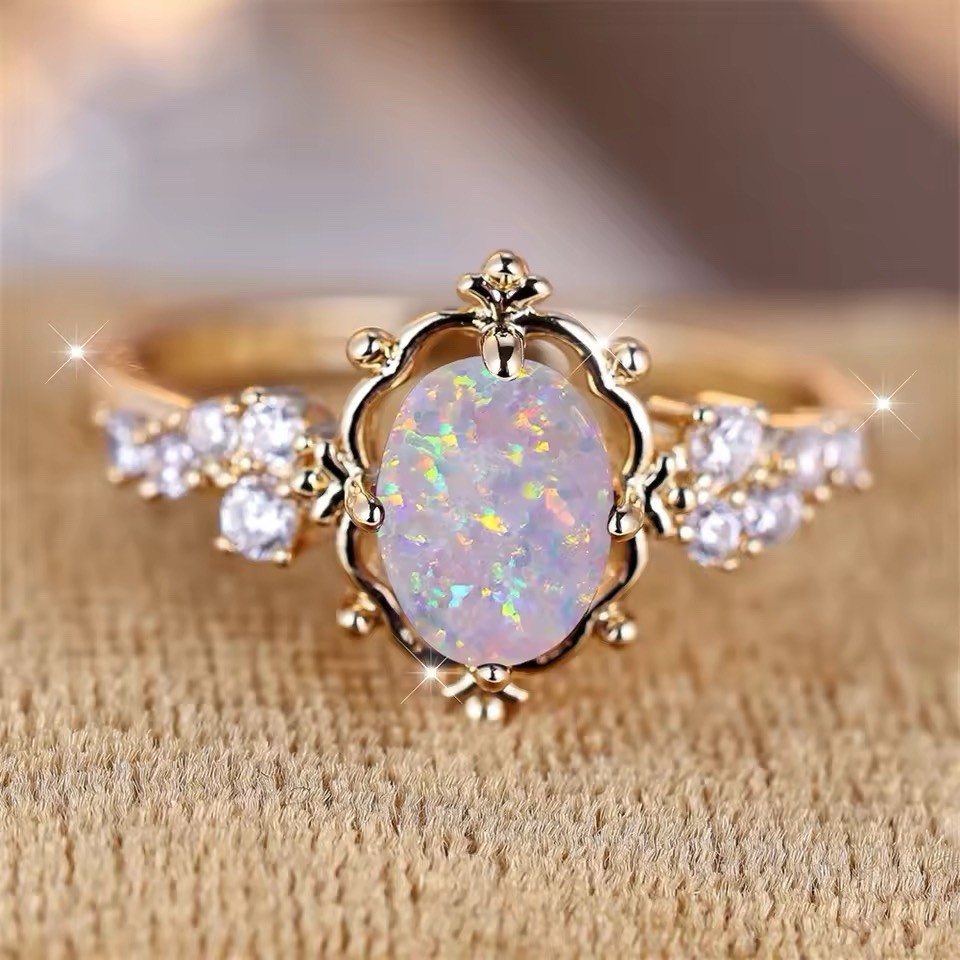 Genuine Opal Engagement Ring Sterling Gold Wedding Ring Size 6