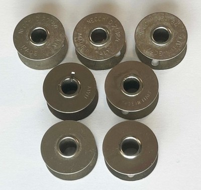 7 VTG Metal Sewing Machine Bobbins 3 Necchi Italy D20184, 2 Italy, 2 Germany