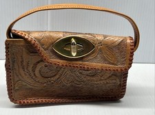 Small Hand Tooled Stitched Brown Leather Hand Bag/Purse. Floral.