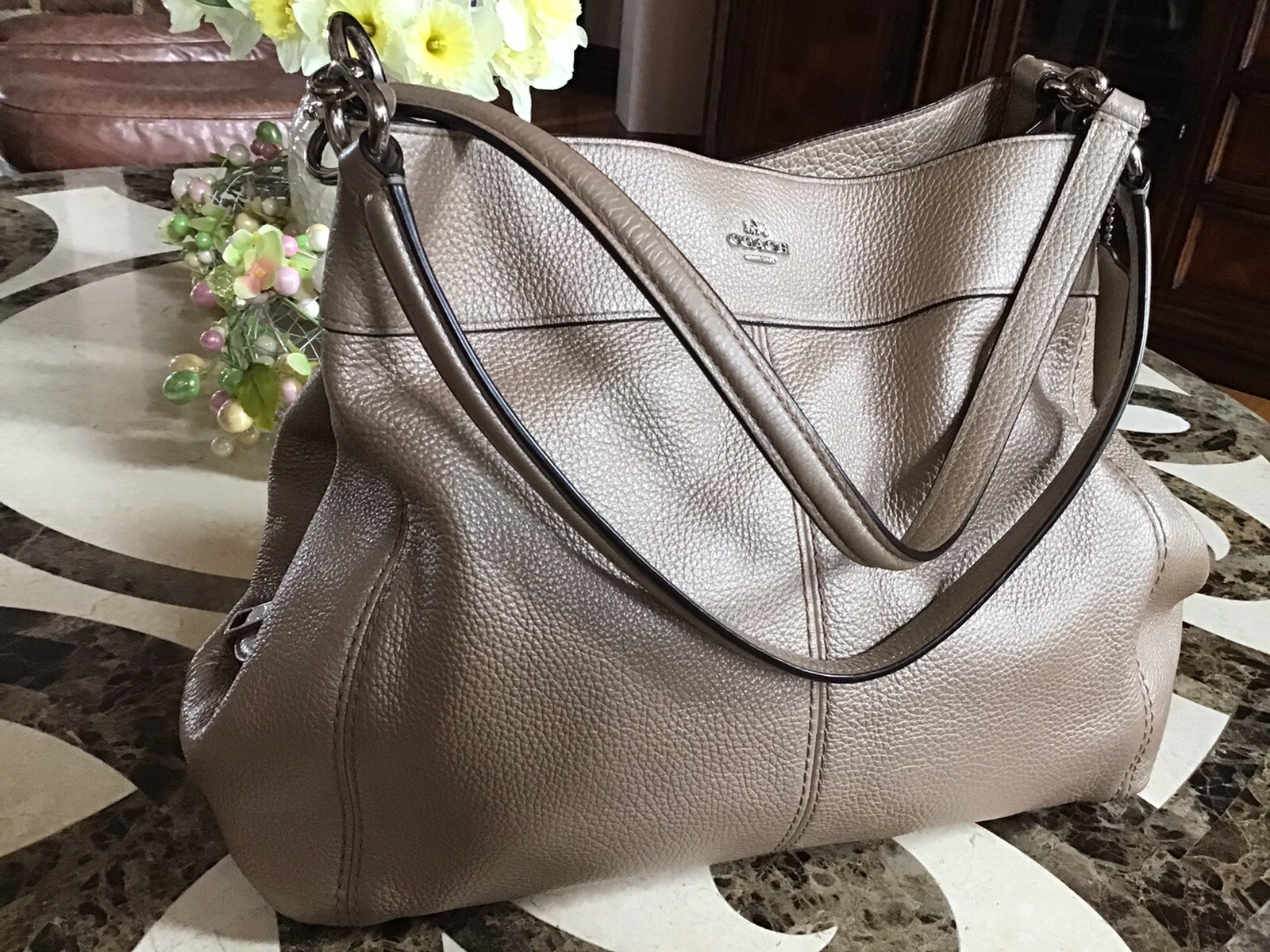 **COACH Lexy Champagne Pearl Pebble Leather Shoulder Bag with 3 Compartments**  