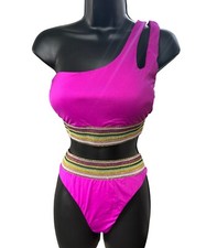 Gibson  Latimer Fuchsia One-Shoulder Bikini Metallic Band Size L Swimwear
