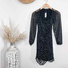 NEW Nasty Gal Polka Dot Black Ruched Long Sleeve Dress Size 6