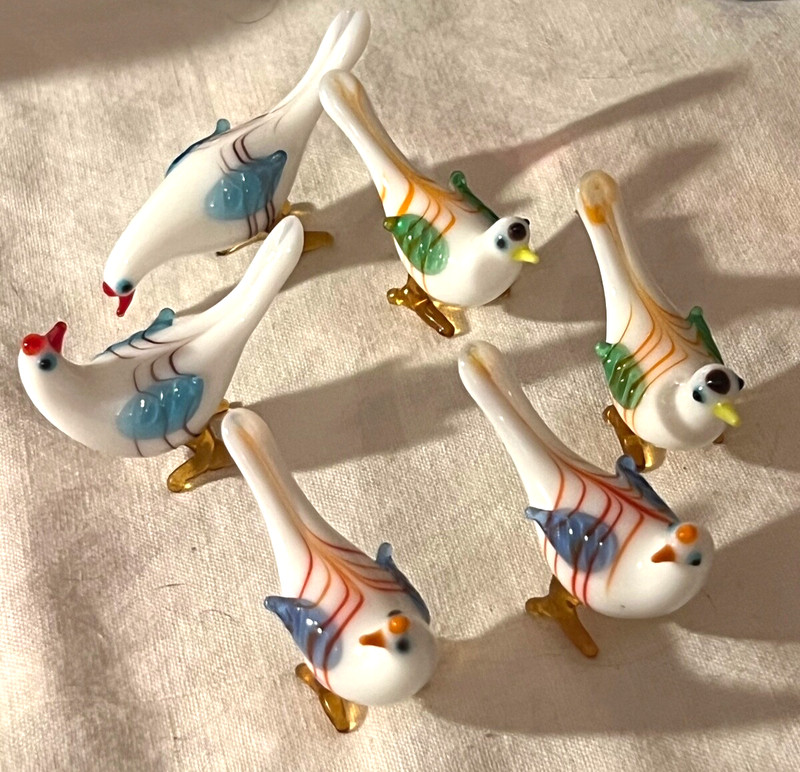 SET OF 6 MURANO GLASS MINIATURE PHEASANT BIRDS IN VIVID COLORS