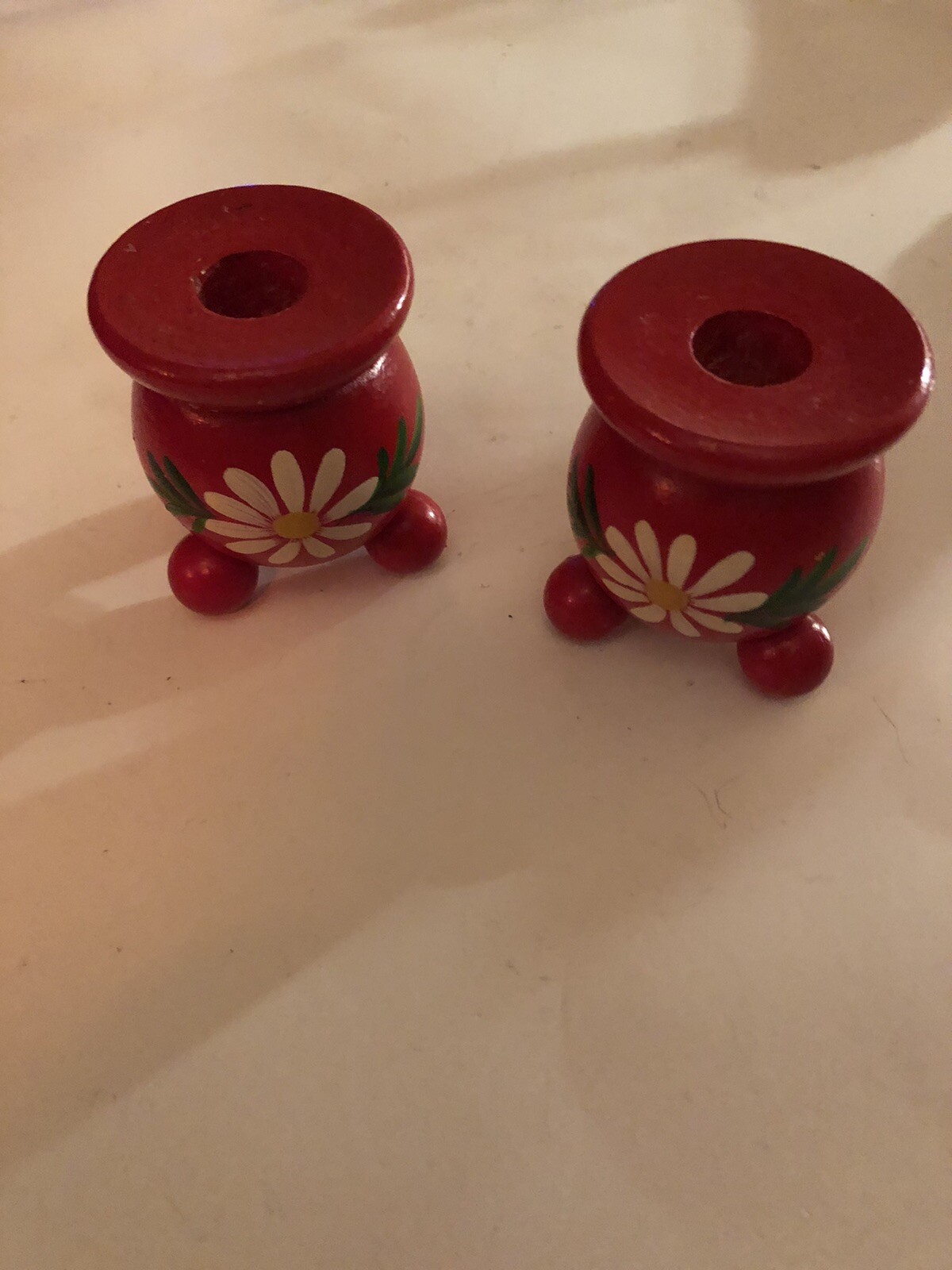 VINTAGE SWEDEN HAND CARVED PAINTED WOODEN BALL FOOT TAPER CANDLE HOLDER