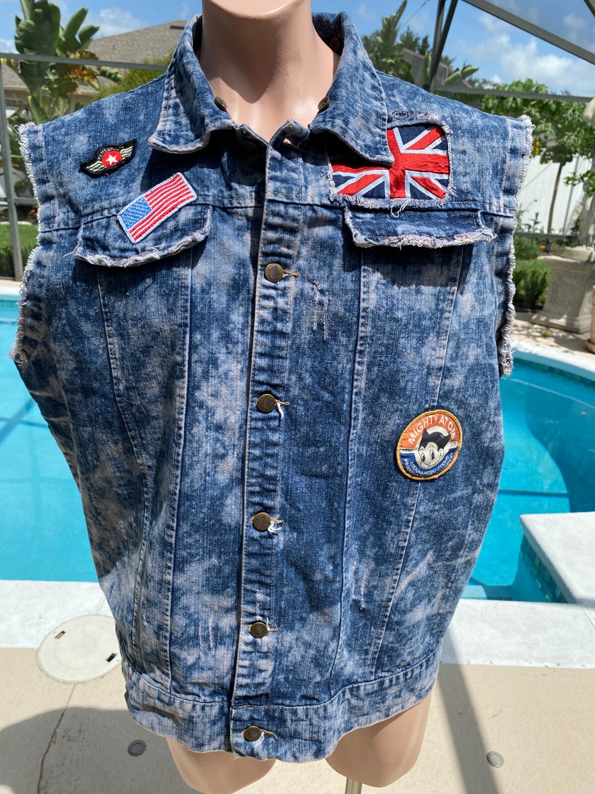 Hudson Outerwear Denim Sleeveless Jacket Vest Patches Mighty Atom Mens XXXL 3XL